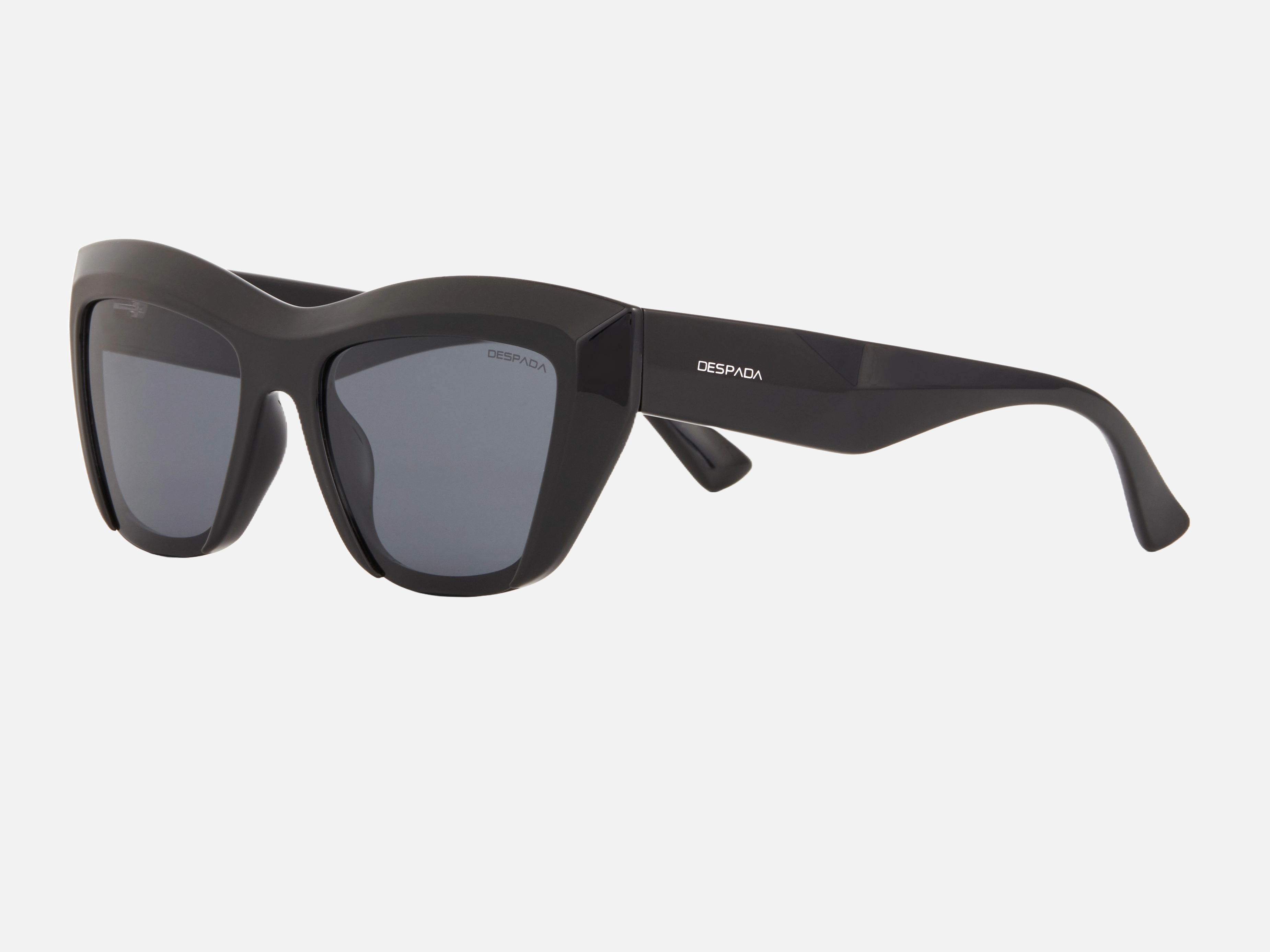 Despada DS 2360 C1 cat-eye sunglasses for women in full rim plastic, with black frame, and grey lenses. 53mm in lens size, 19mm in bridge size, and 143mm in temple length.