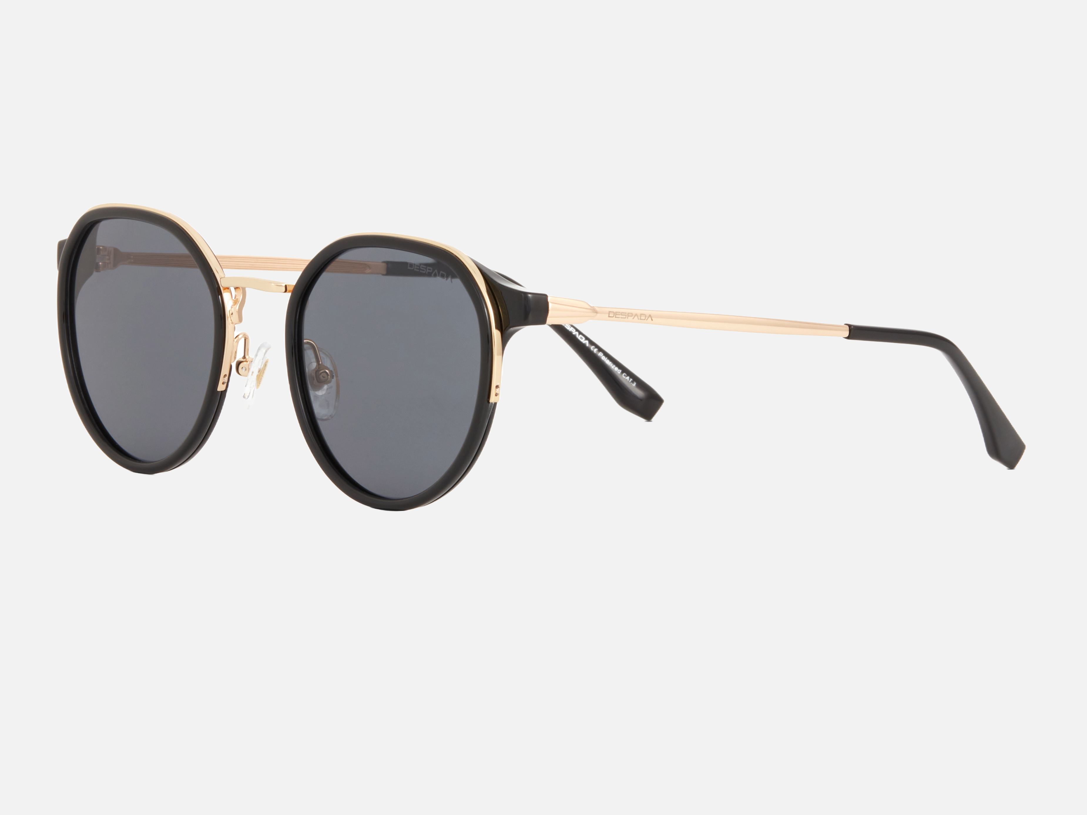 Despada DS 2371 C1 round sunglasses for unisex in full rim metal, with black gold frame, and grey lenses. 54mm in lens size, 23mm in bridge size, and 148mm in temple length.
