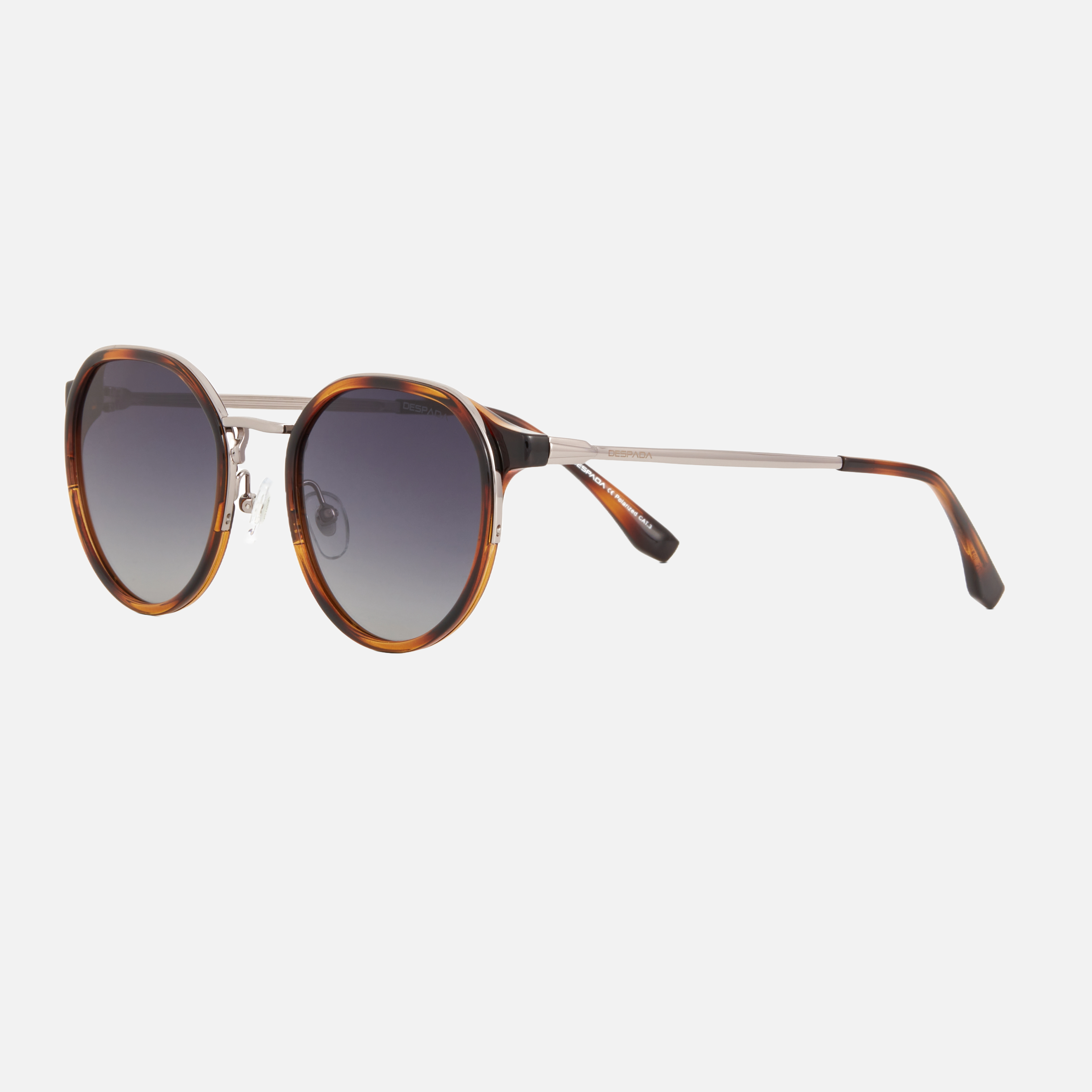 Despada DS 2371 C3 round sunglasses for unisex in full rim metal, with havana silver frame, and gradient grey lenses. 54mm in lens size, 23mm in bridge size, and 148mm in temple length.