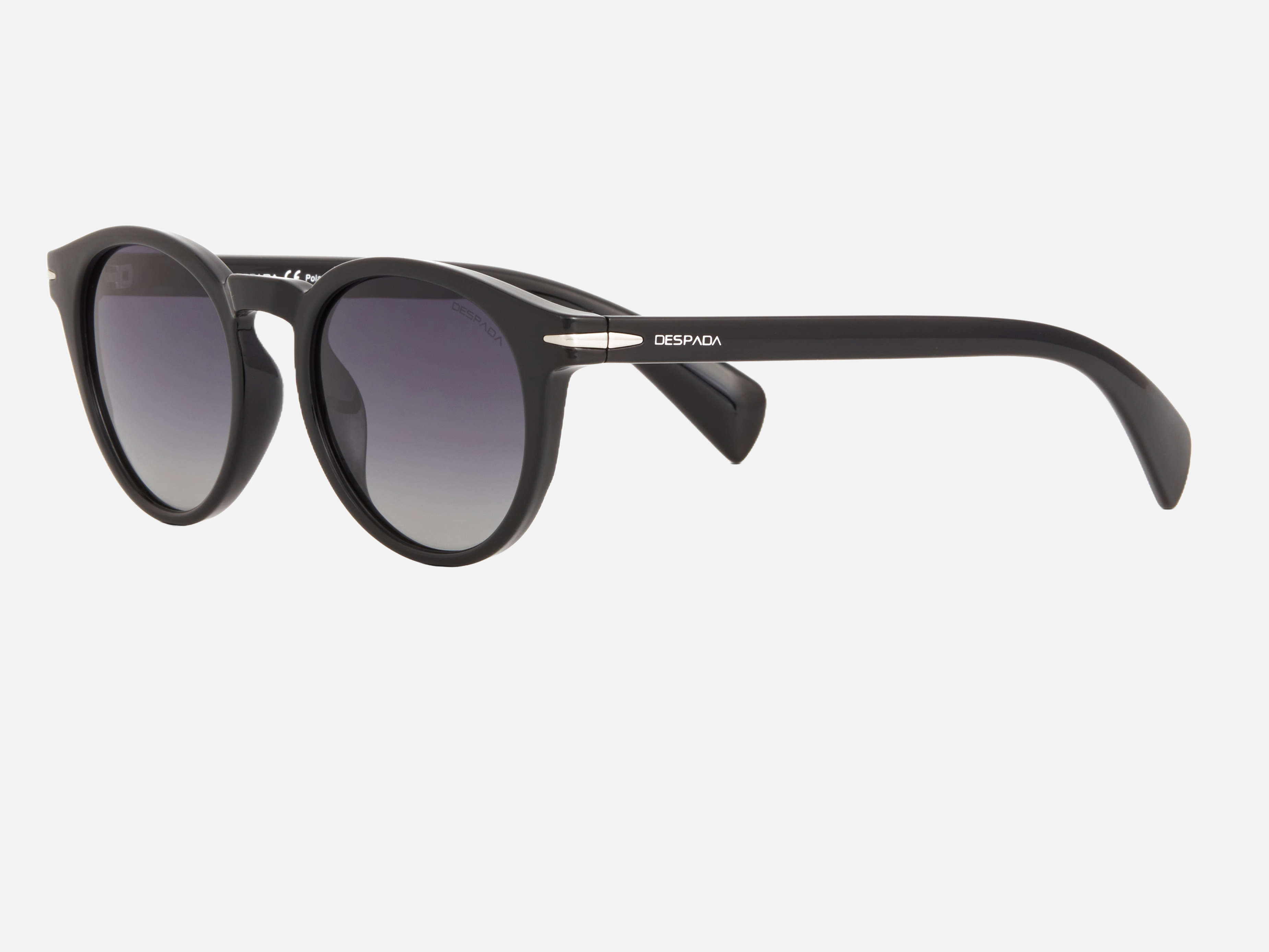 Despada DS 2374 C1 round sunglasses for unisex in full rim plastic, with glossy black frame, and gradient grey lenses. 51mm in lens size, 20mm in bridge size, and 145mm in temple length.
