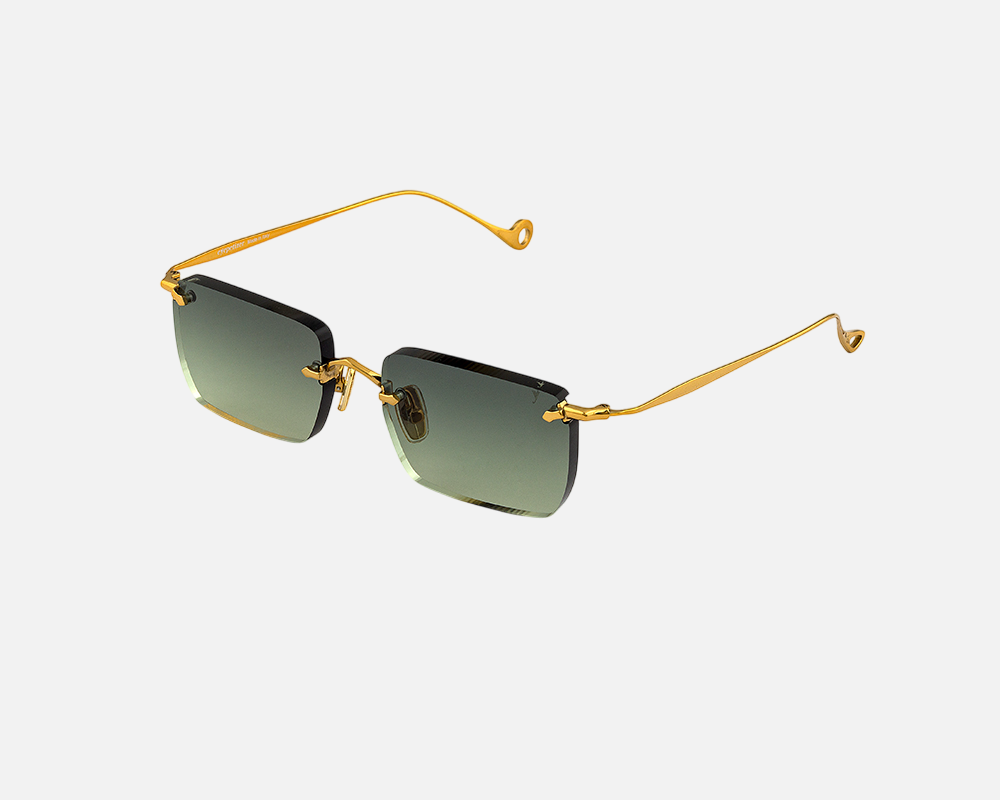 Eyepetizer Etherege C.4-52 square sunglasses for unisex in rimless steel, with gold frame, and green gradient lenses. 52mm in lens size, 18mm in bridge size, and 145mm in temple length.