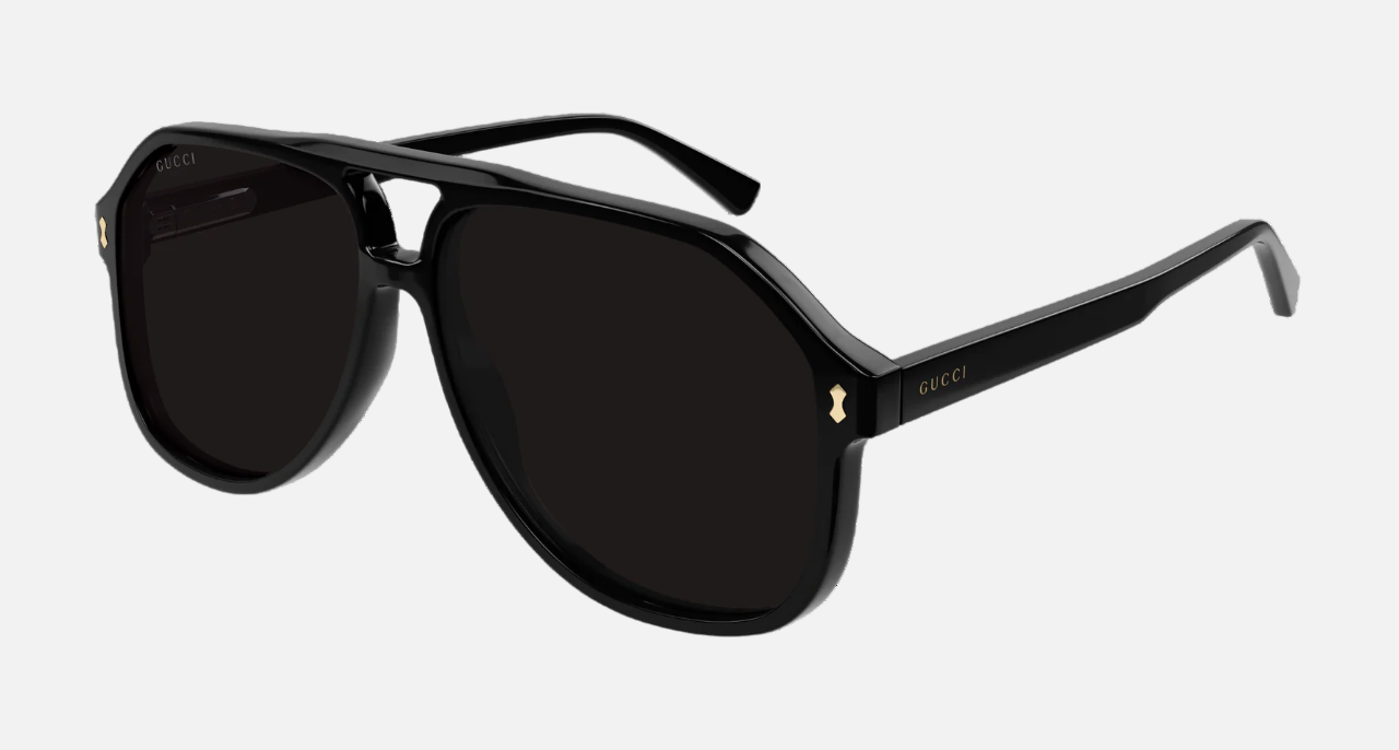 Gucci GG1042S 001 pilot sunglasses for men in full rim acetate, with black frame, and grey lenses. 60mm in lens size, 13mm in bridge size, and 145mm in temple length.
