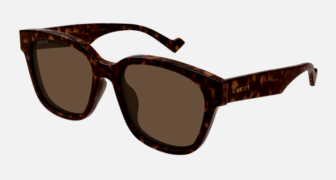 Gucci GG1430SK 002 square sunglasses for men in full rim plastic, with havana frame, and brown lenses. 63mm in lens size, 18mm in bridge size, and 145mm in temple length.