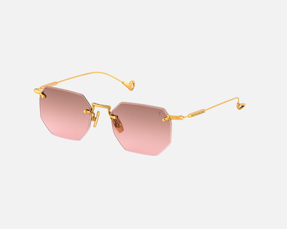 Eyepetizer Panthere C.4-44 hexagonal sunglasses for women in rimless steel, with gold frame, and green gradient lenses. 52mm in lens size, 18mm in bridge size, and 145mm in temple length.