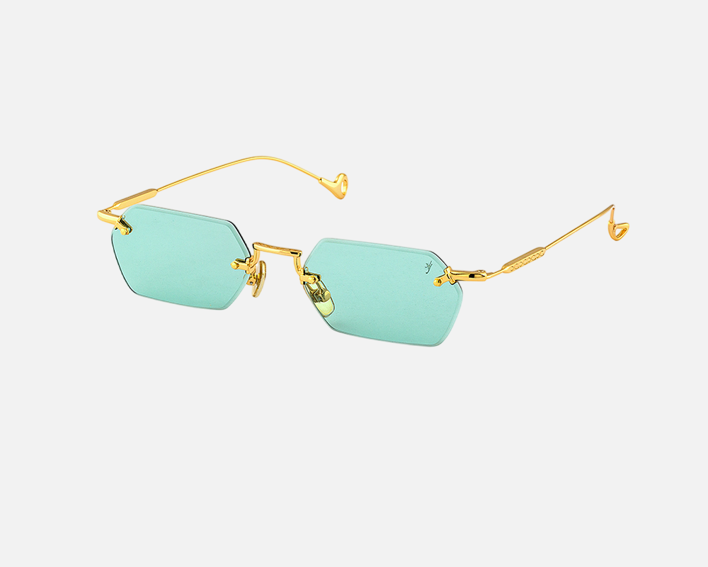 Eyepetizer Tank C.4-48 hexagonal sunglasses for women in rimless steel, with gold frame, and aqua green lenses. 52mm in lens size, 18mm in bridge size, and 145mm in temple length.