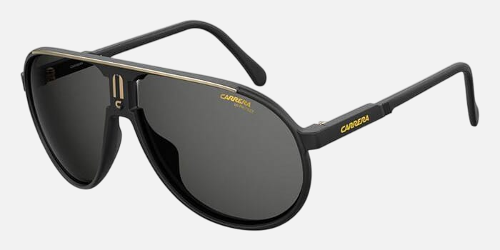 Carrera Champion/N 3 pilot sunglasses for unisex in full rim plastic, with matte black frame, and dark grey lenses. 62mm in lens size, 12mm in bridge size, and 125mm in temple length.