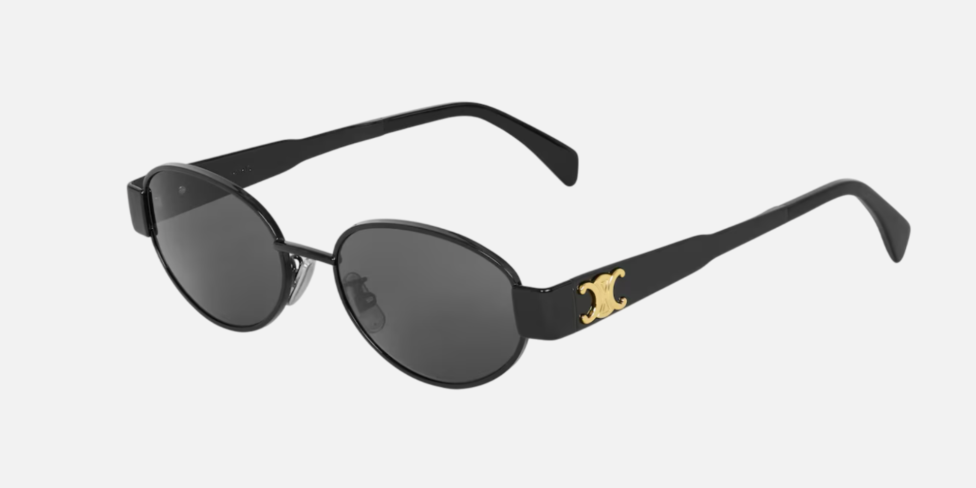 Celine Triomphe Metal 01 CL40235U 01A oval sunglasses for women in full rim metal, with black frame, and smoke lenses. 54mm in lens size, 18mm in bridge size, and 135mm in temple length.