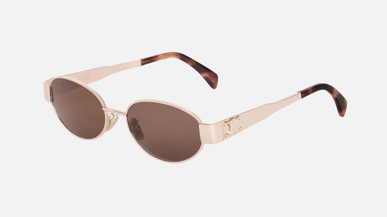 Celine Triomphe Metal 01 CL40235U 28E oval sunglasses for women in full rim metal, with rose gold frame, and brown lenses. 54mm in lens size, 18mm in bridge size, and 135mm in temple length.