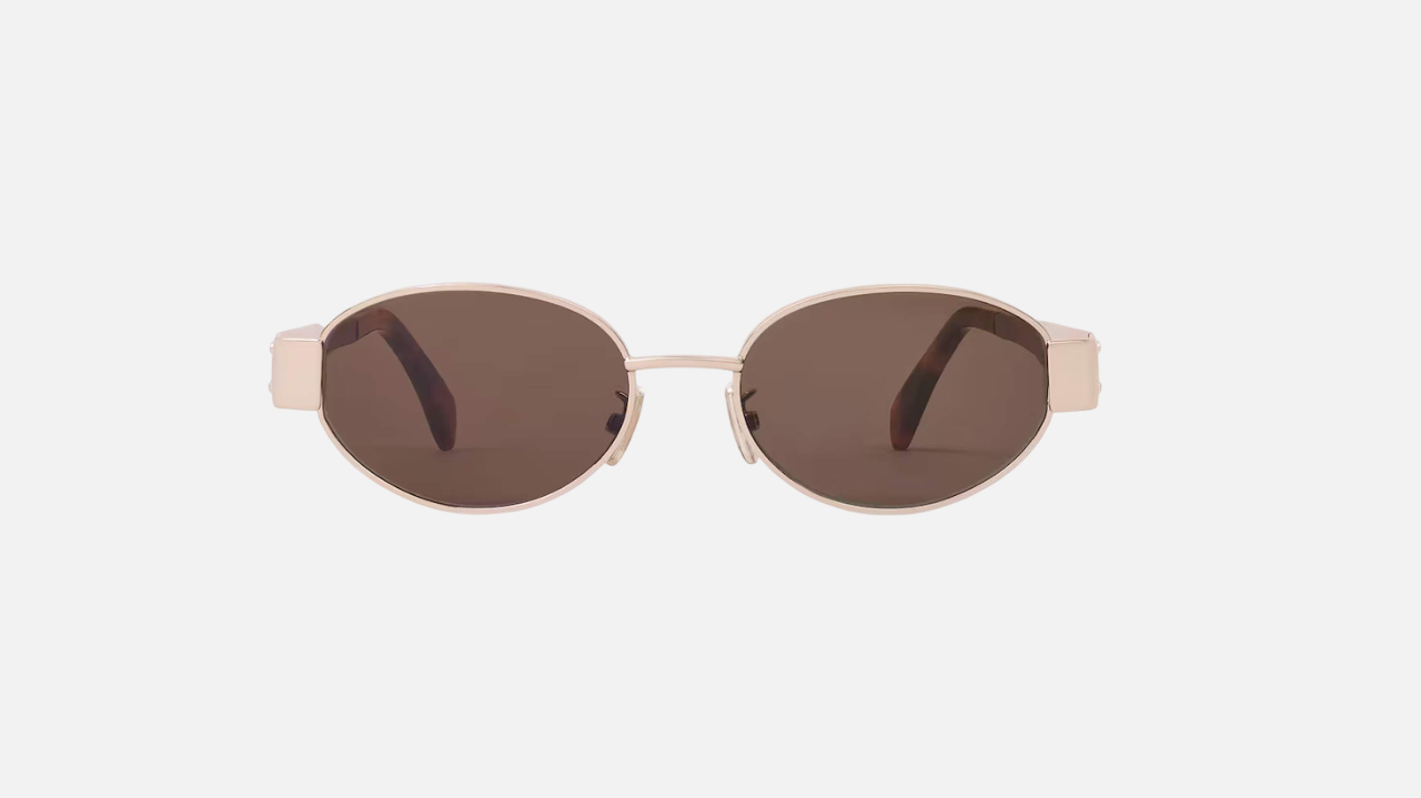 Celine Triomphe Metal 01 CL40235U 28E oval sunglasses for women in full rim metal, with rose gold frame, and brown lenses. 54mm in lens size, 18mm in bridge size, and 135mm in temple length.