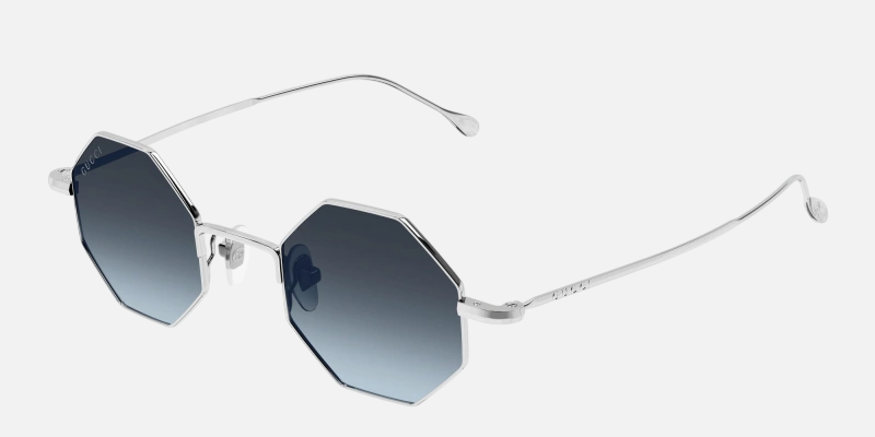 Gucci GG1814S 003 octagon sunglasses for unisex in full rim metal, with silver frame, and blue lenses. 41mm in lens size, 22mm in bridge size, and 145mm in temple length.