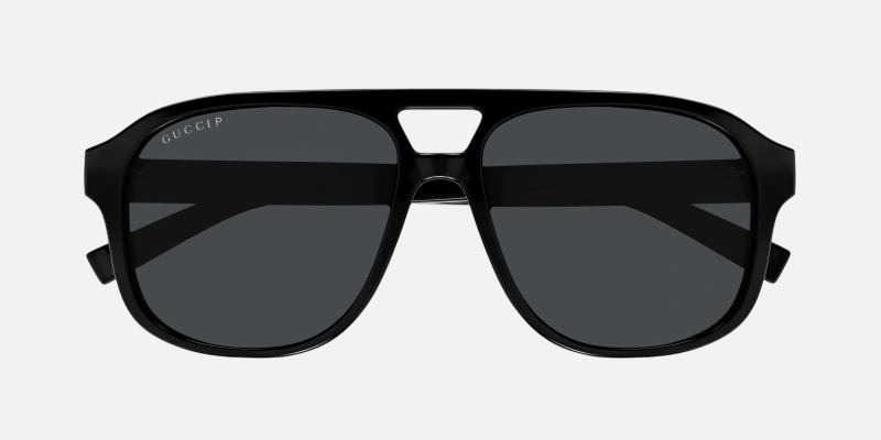 Gucci GG1856S 005 pilot sunglasses for men in full rim plastic, with black frame, and grey lenses. 65mm in lens size, 15mm in bridge size, and 145mm in temple length.
