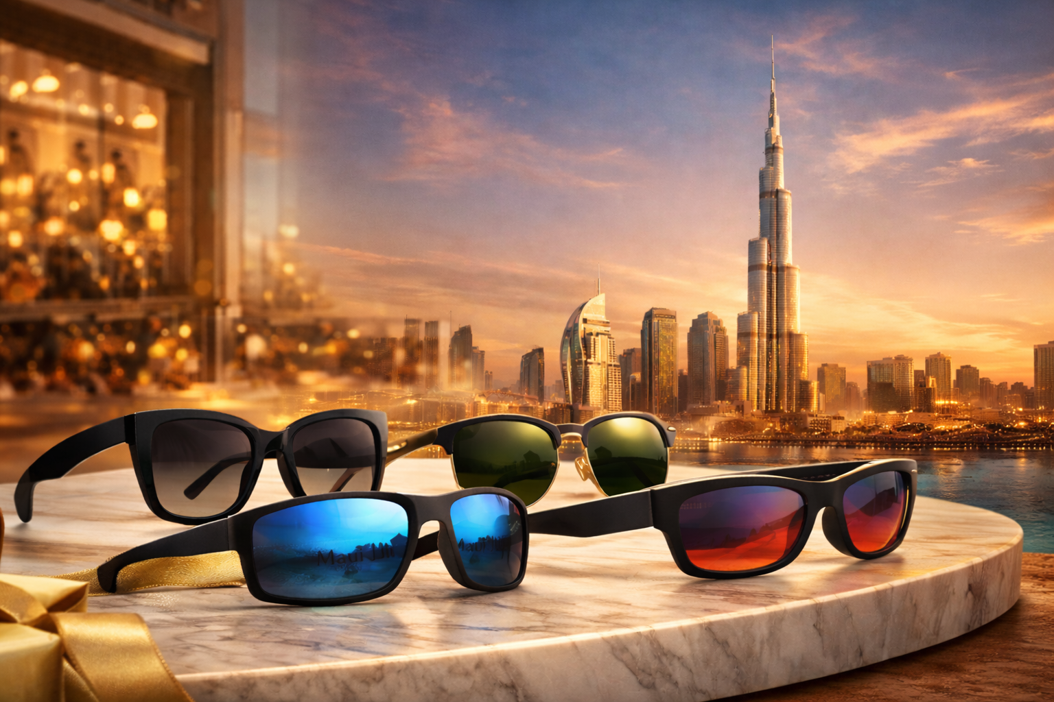 Designer sunglasses displayed with Dubai skyline and Burj Khalifa background, showcasing luxury sunglasses for men and women in Dubai, UAE.