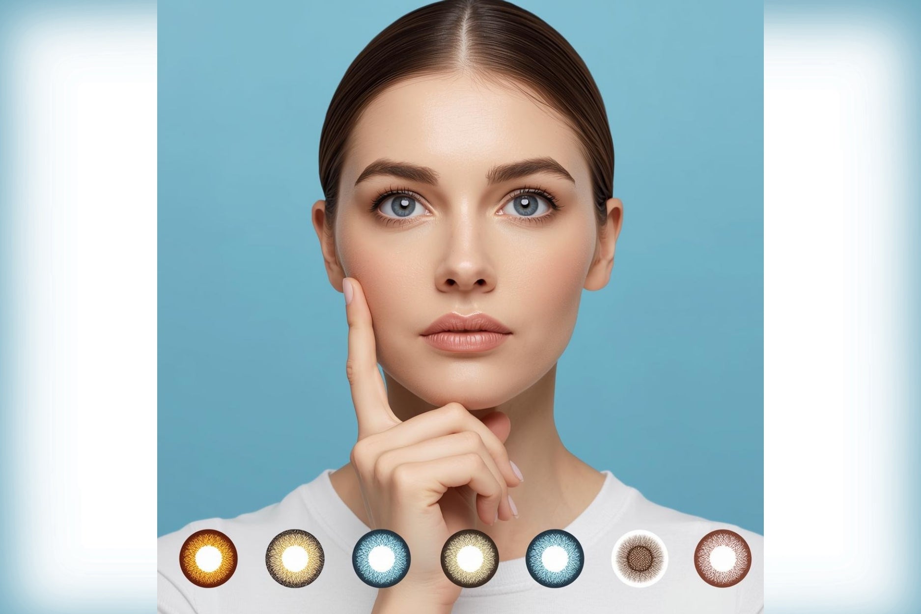 Woman wearing colored contact lenses with multiple lens color options displayed, showcasing premium cosmetic contact lenses for women in Dubai, UAE.