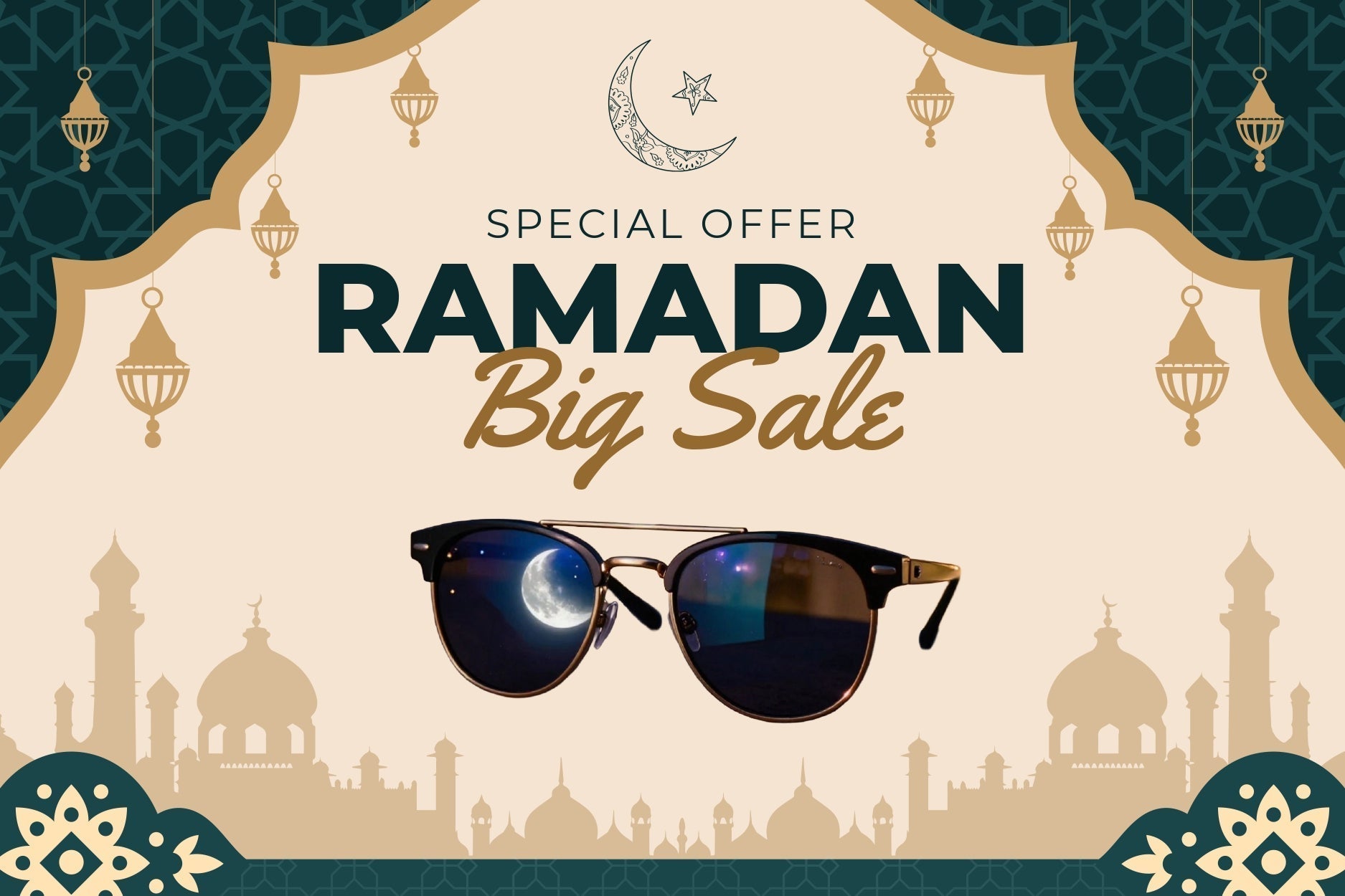 Ramadan Big Sale banner featuring designer sunglasses, showcasing special eyewear offers for Ramadan in Dubai, UAE.