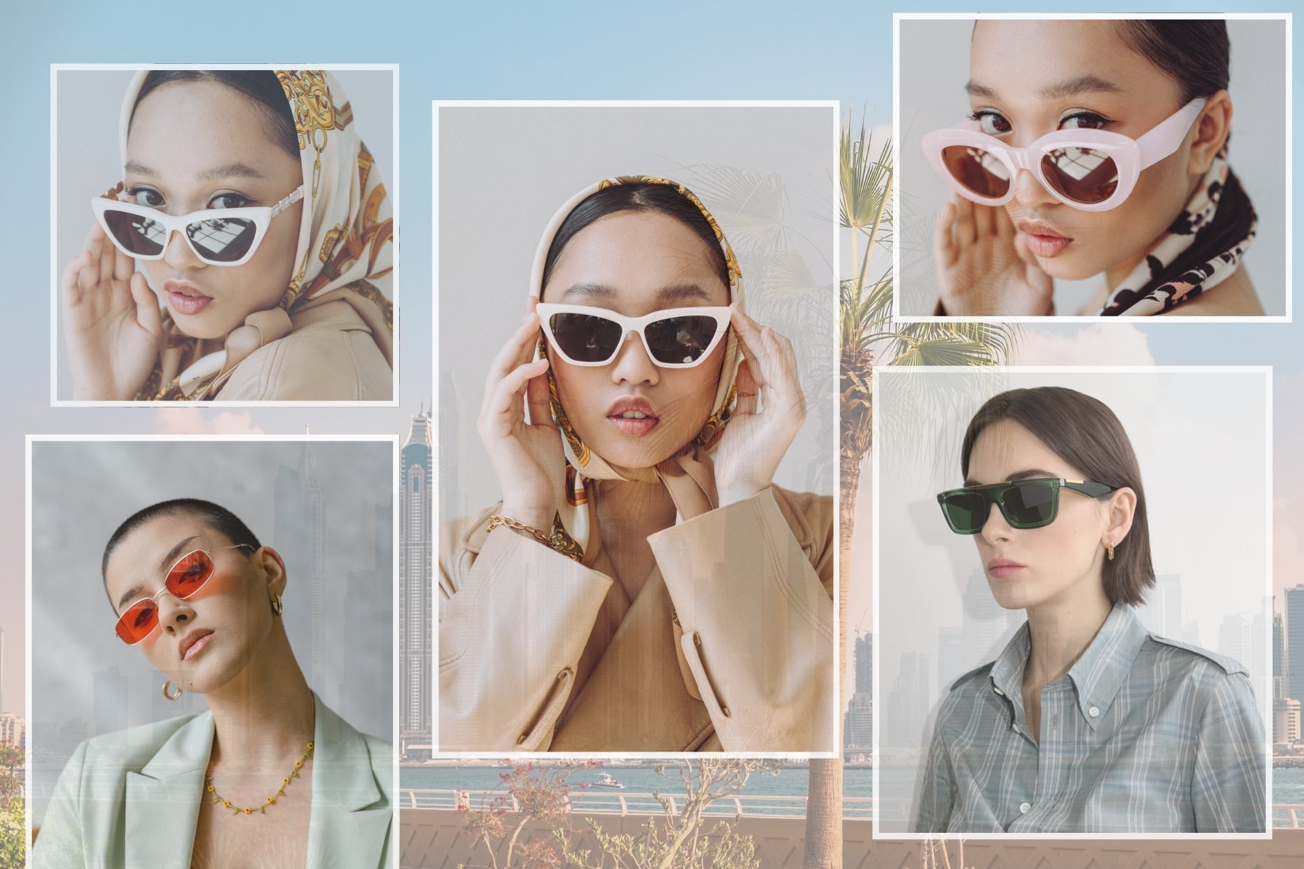 Women wearing designer sunglasses in a modern fashion collage, featuring cat eye, rectangular, and oval sunglasses, showcasing luxury eyewear styles for women in Dubai, UAE.