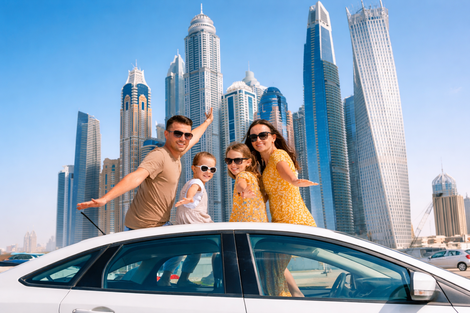 Family wearing sunglasses enjoying a car ride with Dubai skyline in the background, showcasing stylish sunglasses for men, women, and kids in Dubai, UAE.