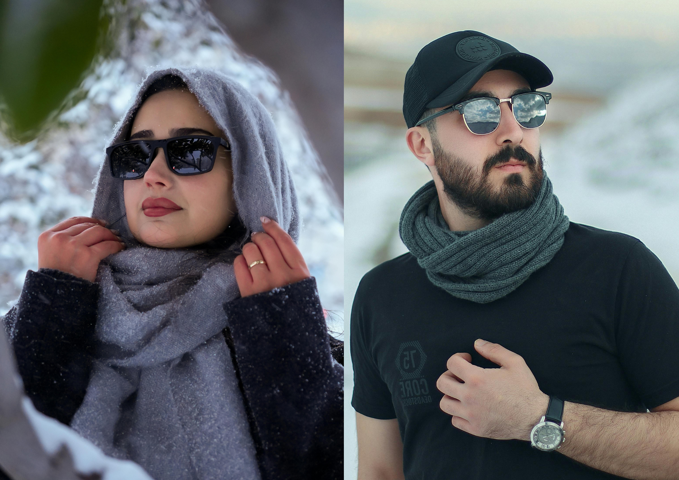 Men and women wearing stylish winter sunglasses, showcasing premium designer eyewear for men and women in Dubai, UAE.