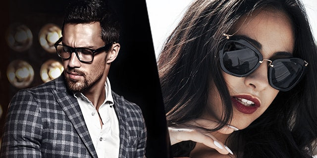 Man and woman wearing luxury designer sunglasses, showcasing premium fashion eyewear styles for men and women in Dubai, UAE.