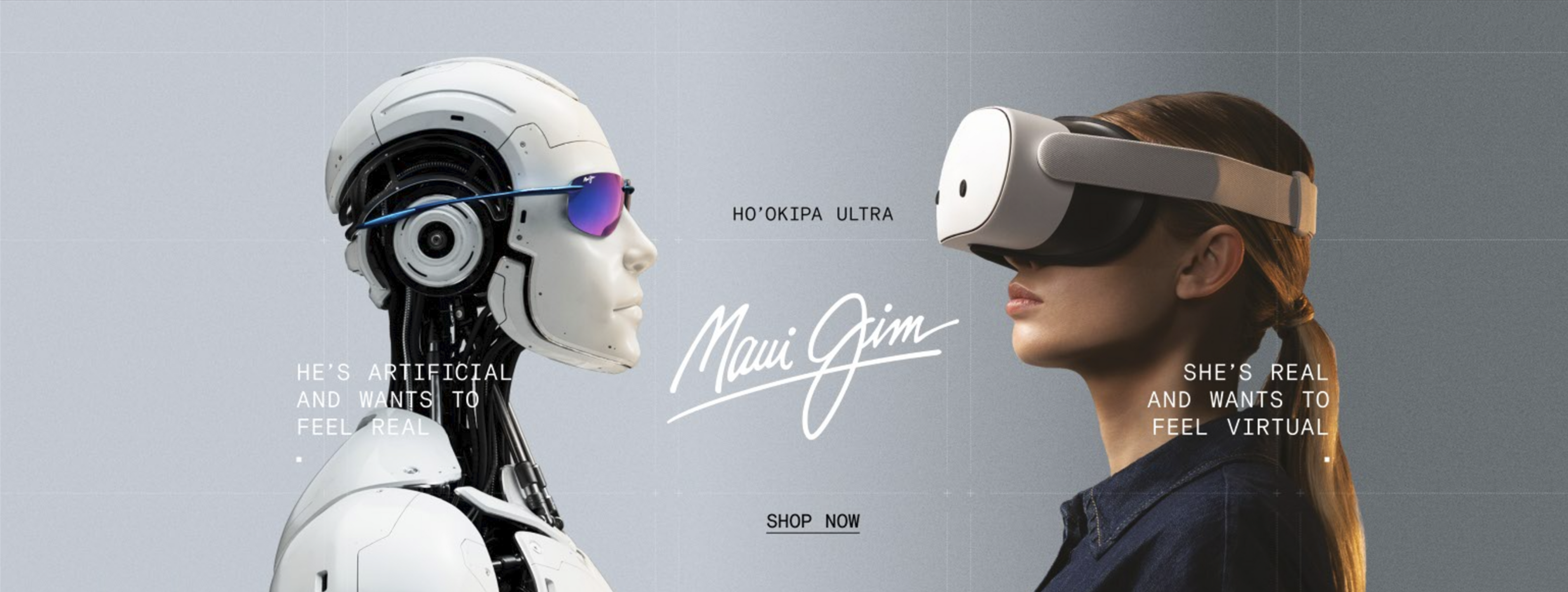 A robot wearing Maui Jim sunglasses and a woman wearing virtual reality headsets with 'Maui Jim' logo in the middle.