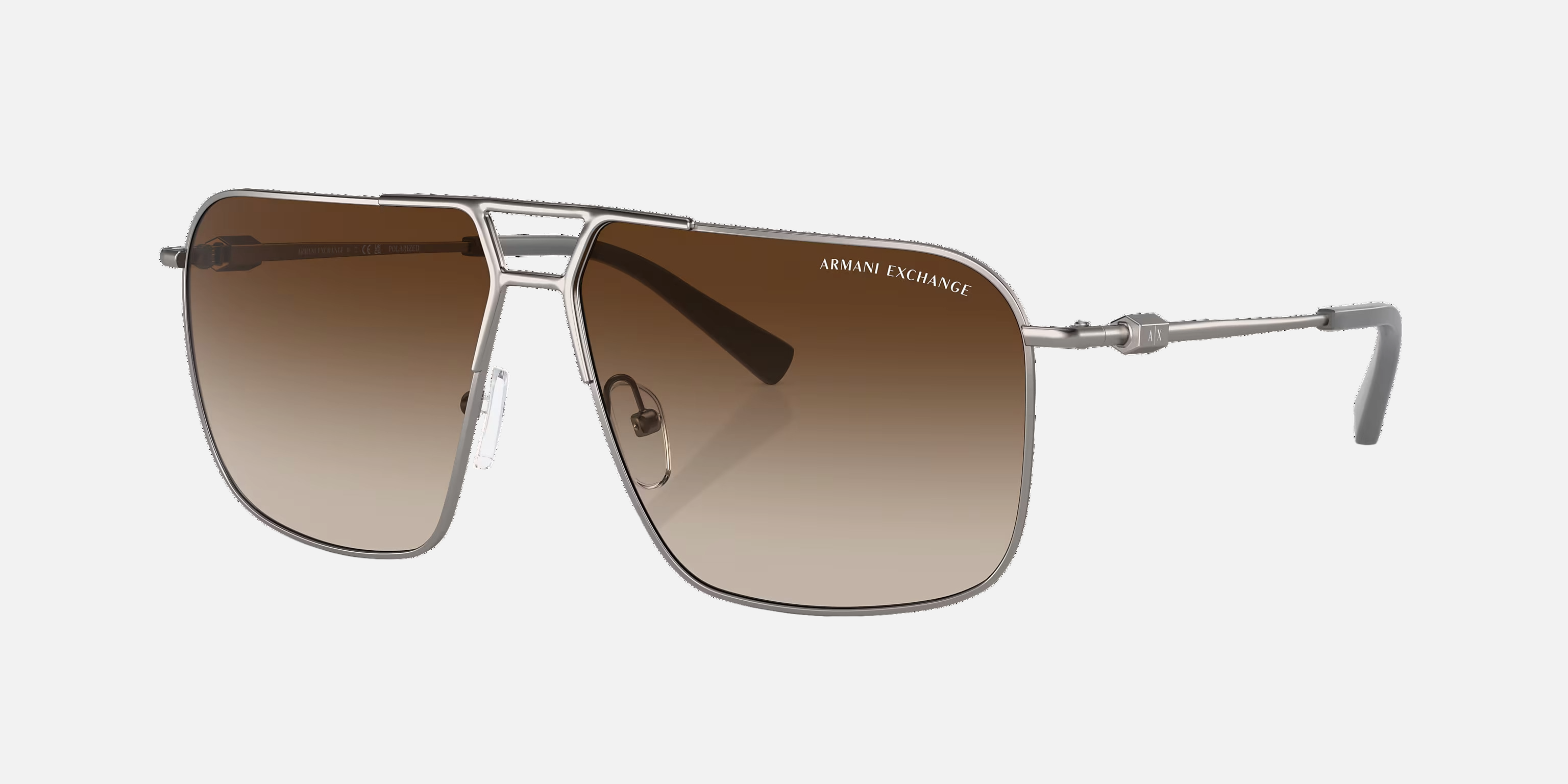 Armani Exchange AX2050S 600373 pilot sunglasses for men in full rim metal, with matte gunmetal frame, and dark brown polarized lenses. 60mm in lens size, 12mm in bridge size, and 136mm in temple length.