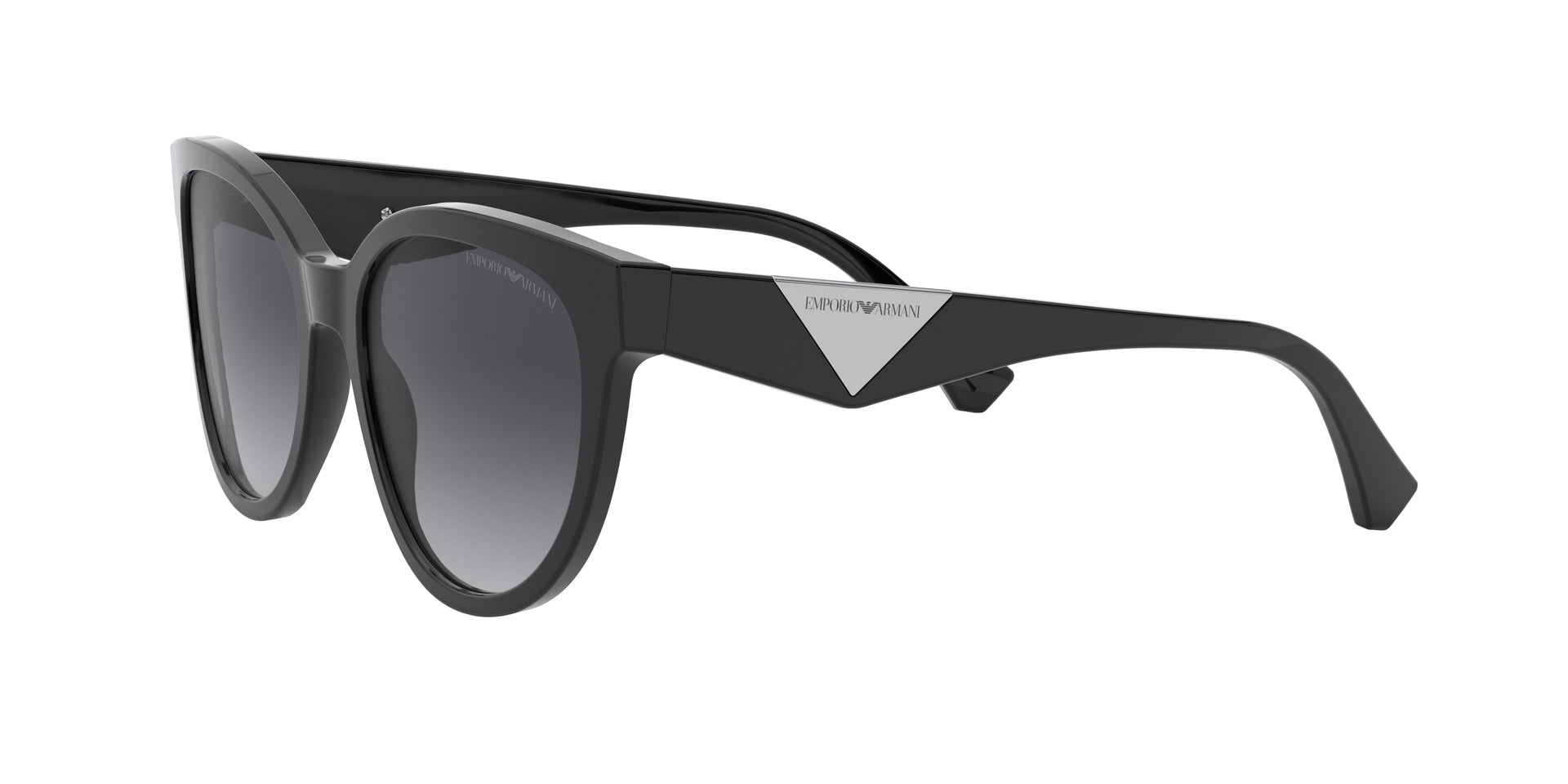 Emporio Armani EA 4140 50018G cat-eye sunglasses for women in full rim plastic, with black frame, and gradient grey lenses. 55mm in lens size, 19mm in bridge size, and 140mm in temple length.