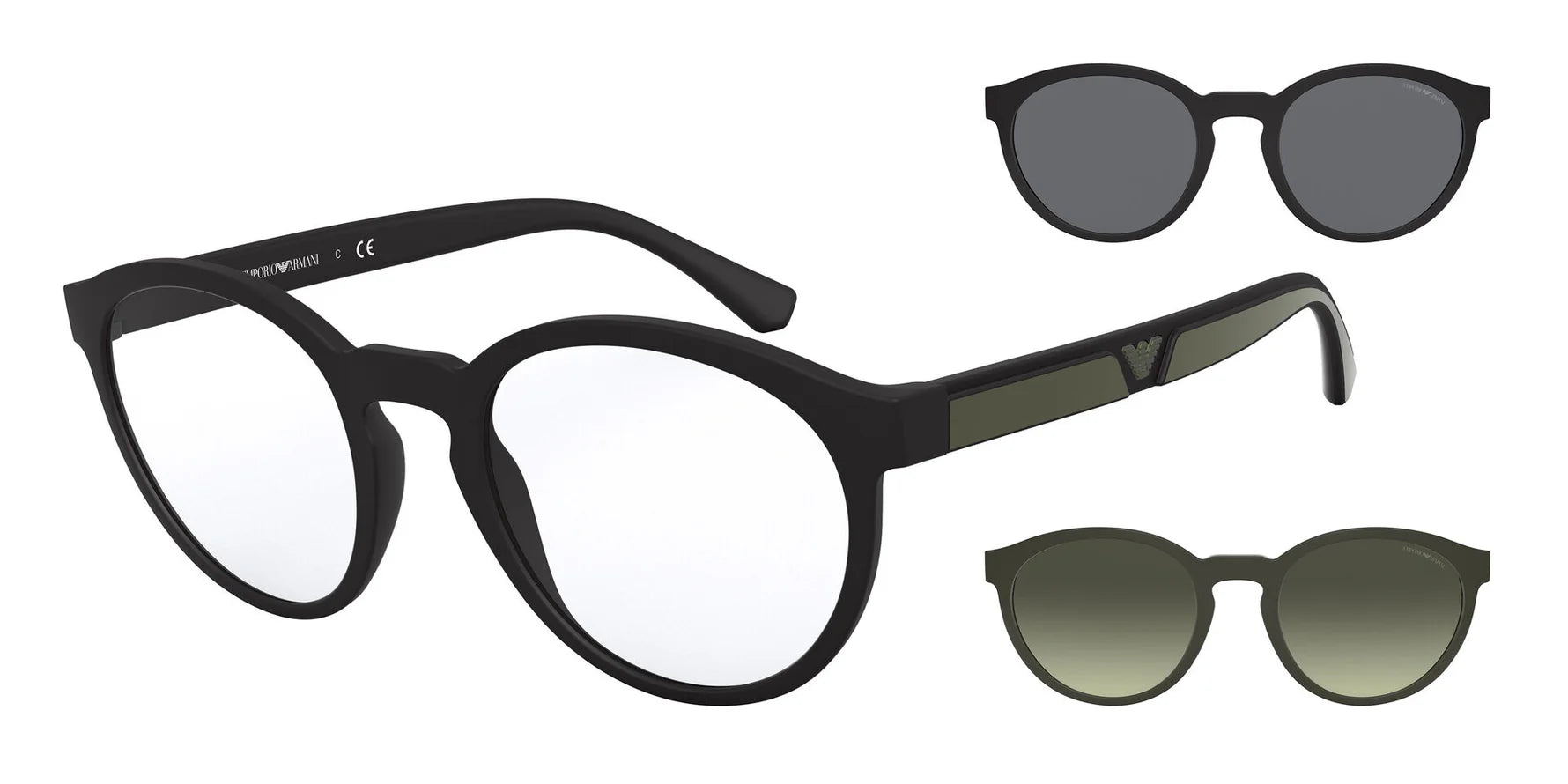 Emporio Armani EA 4152 50421W round sunglasses for men in full rim plastic, with matte black frame, and clear green grey lenses. 52mm in lens size, 21mm in bridge size, and 145mm in temple length.