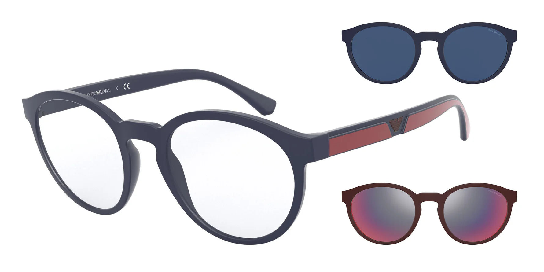 Emporio Armani EA 4152 56691W round sunglasses for men in full rim plastic, with matte blue frame, and clear lenses. 52mm in lens size, 21mm in bridge size, and 145mm in temple length.
