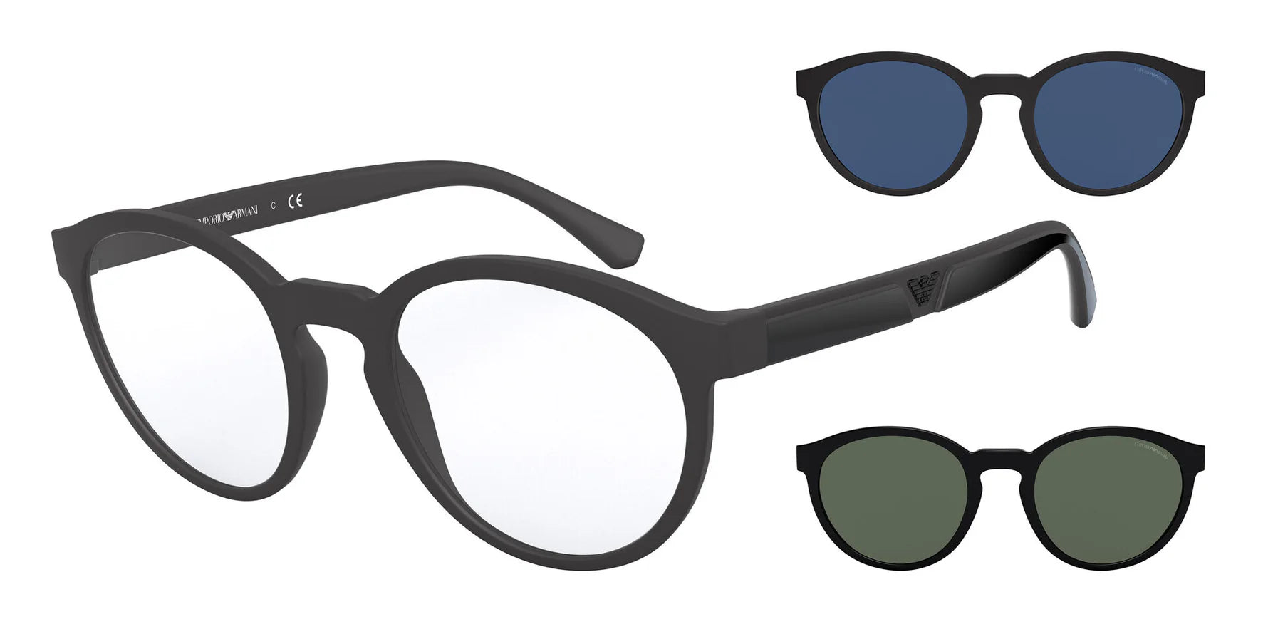 Emporio Armani EA 4152 58011W round sunglasses for men in full rim plastic, with matte black frame, and clear blue green lenses. 52mm in lens size, 21mm in bridge size, and 145mm in temple length.