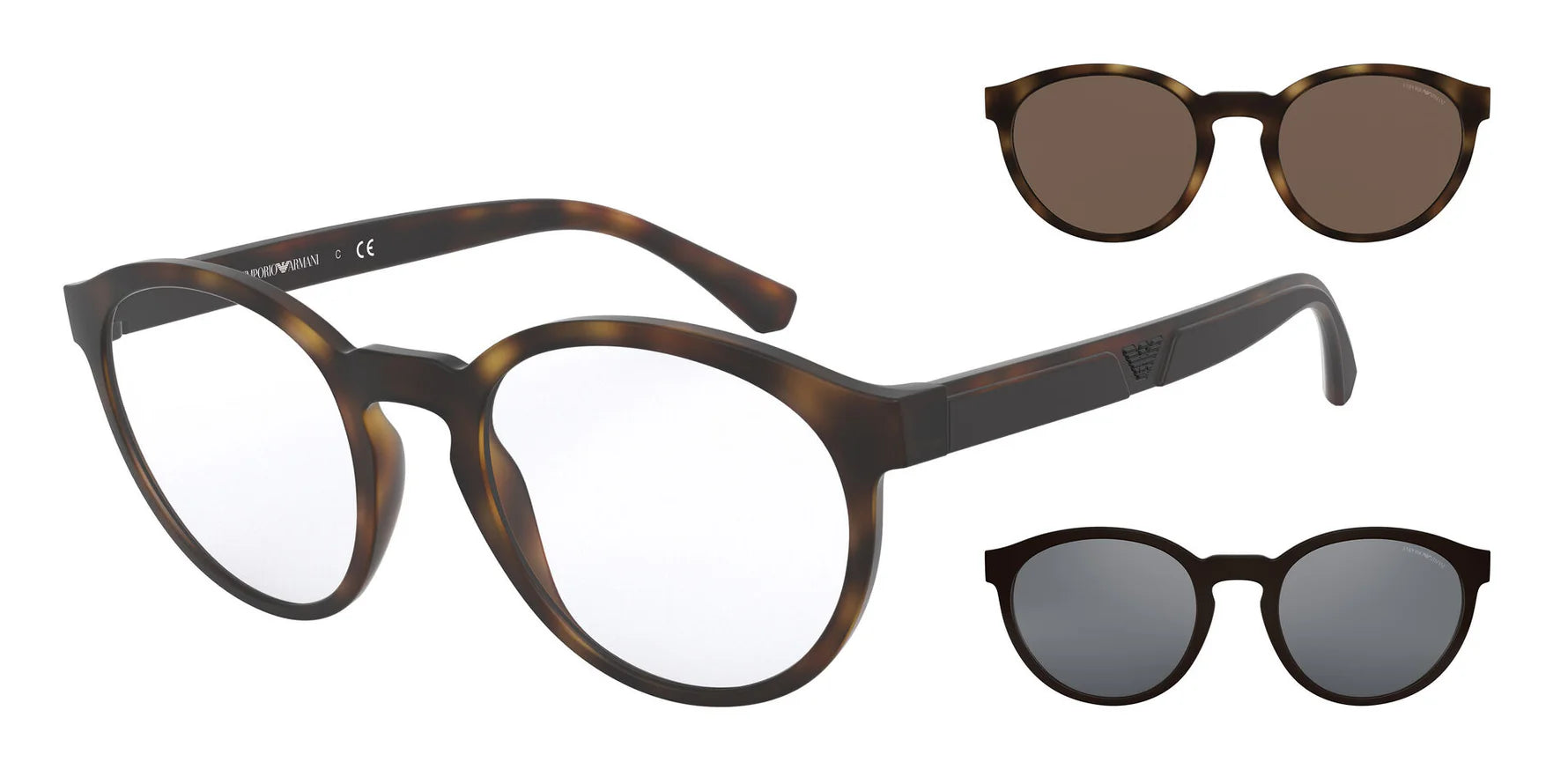 Emporio Armani EA 4152 58021W round sunglasses for men in full rim plastic, with matte havana frame, and clear lenses. 52mm in lens size, 21mm in bridge size, and 145mm in temple length.