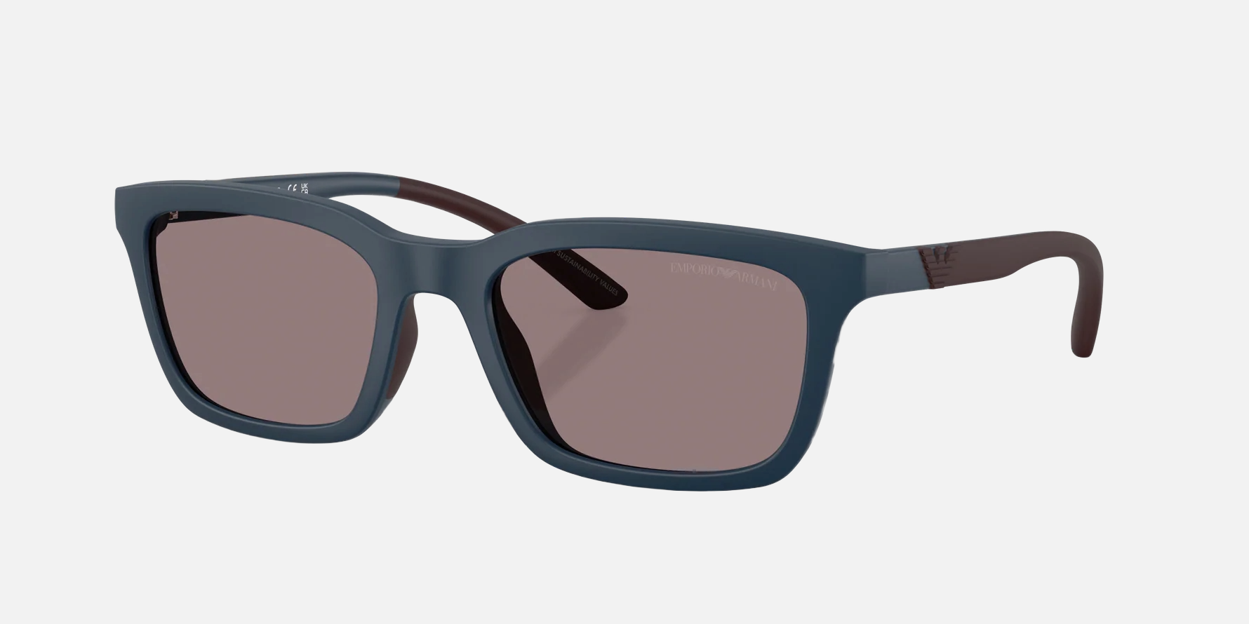 Emporio Armani EA 4249U 62607N men's full rim rectangular sunglasses in a matte blue injected frame with dark purple lenses. Features a 55 mm lens size, 20 mm bridge size, and 145 mm temple length. Available in Dubai, UAE.