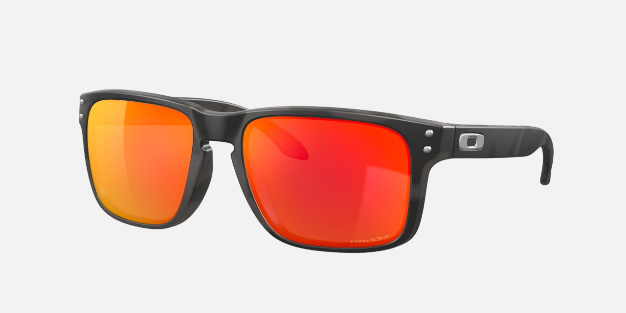 Oakley Holbrook E9 rectangular sunglasses for men in full rim plastic, with grey frame, and red lenses. 57mm in lens size, 18mm in bridge size, and 137mm in temple length.