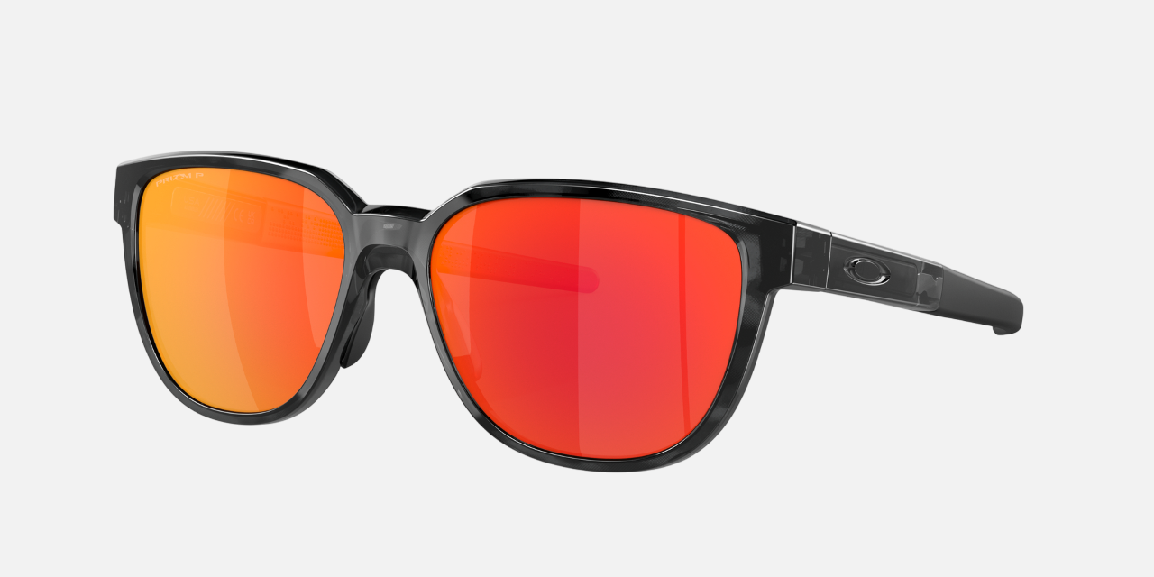 Oakley Actuator 05 rectangular sunglasses for men in full rim plastic, with black frame, and red lenses. 57mm in lens size, 16mm in bridge size, and 146mm in temple length.
