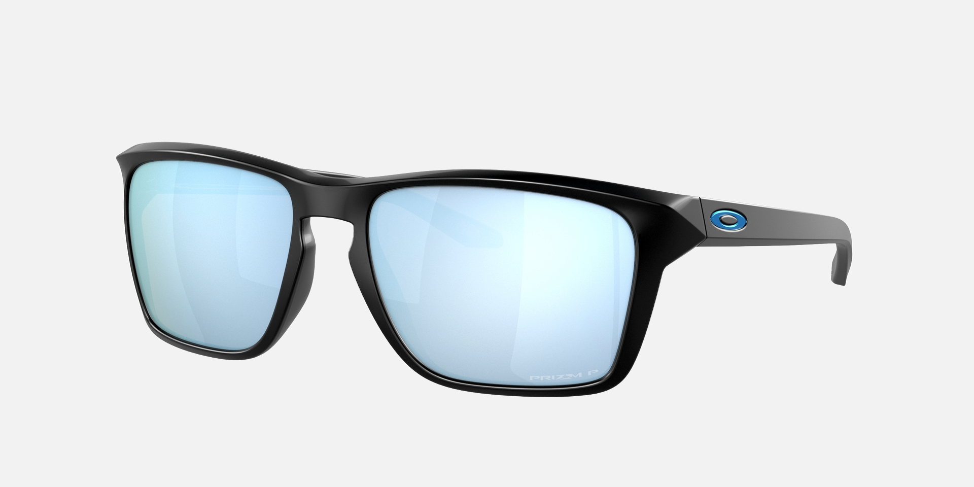 Oakley Sylas 27 rectangular sunglasses for men in full rim plastic, with black frame, and blue lenses. 57mm in lens size, 17mm in bridge size, and 142mm in temple length.