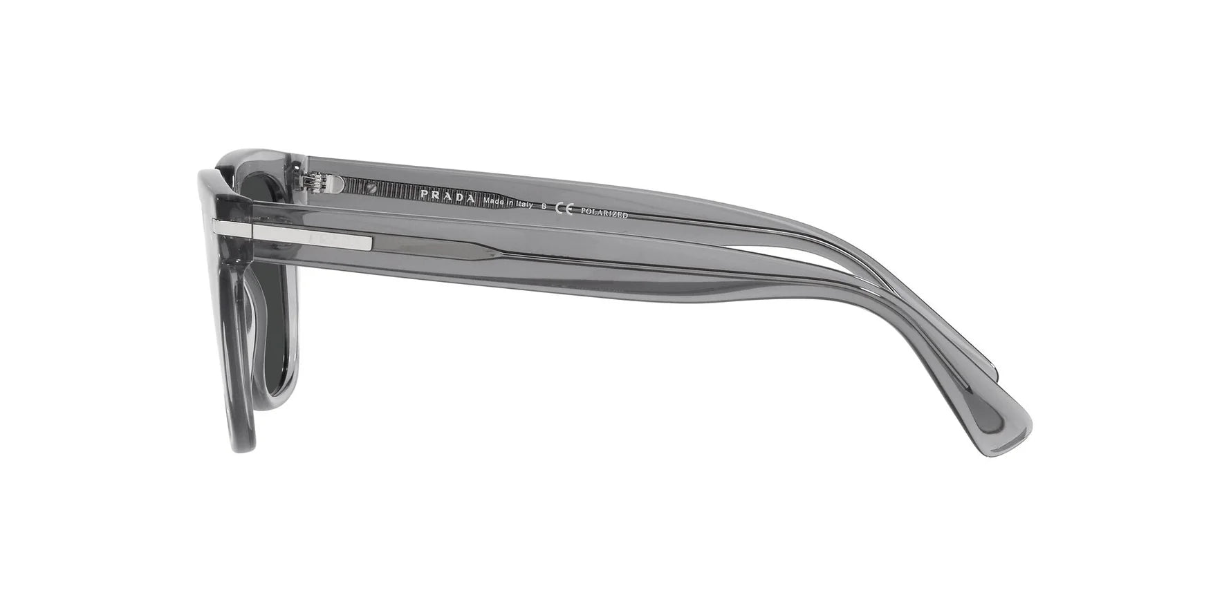 Prada PR 04YS 08U08G square sunglasses for men in full rim acetate, with transparent grey frame, and black lenses. 56mm in lens size, 19mm in bridge size, and 150mm in temple length.