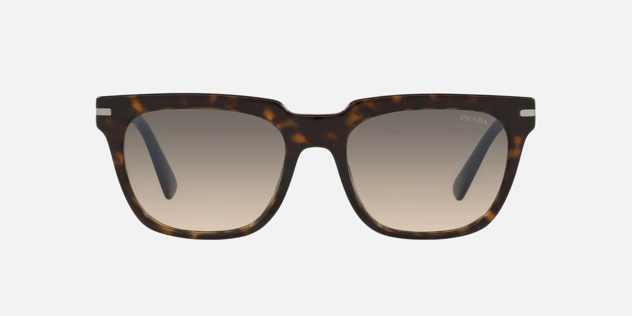 Prada PR 04YS 2AU718 square sunglasses for men in full rim acetate, with havana frame, and grey gradient lenses. 56mm in lens size, 19mm in bridge size, and 150mm in temple length.