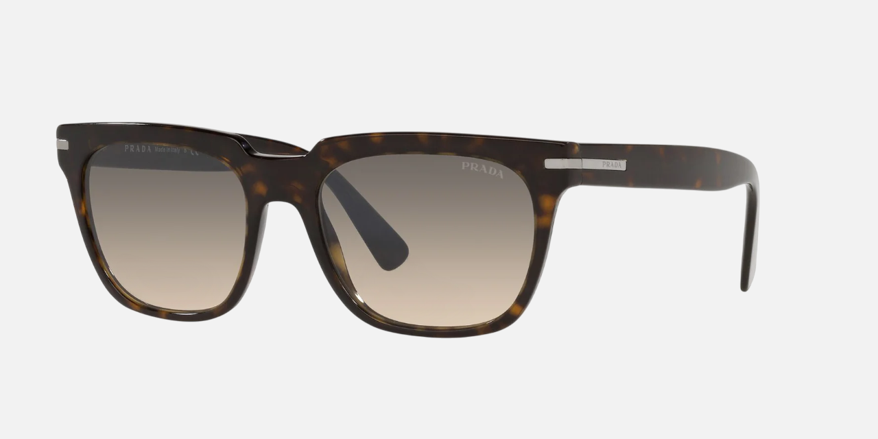 Prada PR 04YS 2AU718 square sunglasses for men in full rim acetate, with havana frame, and grey gradient lenses. 56mm in lens size, 19mm in bridge size, and 150mm in temple length.