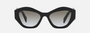 Prada PR 07YS 1AB0A7 cat eye sunglasses for women in full rim acetate, with black frame, and grey gradient lenses. 53mm in lens size, 19mm in bridge size, and 145mm in temple length.
