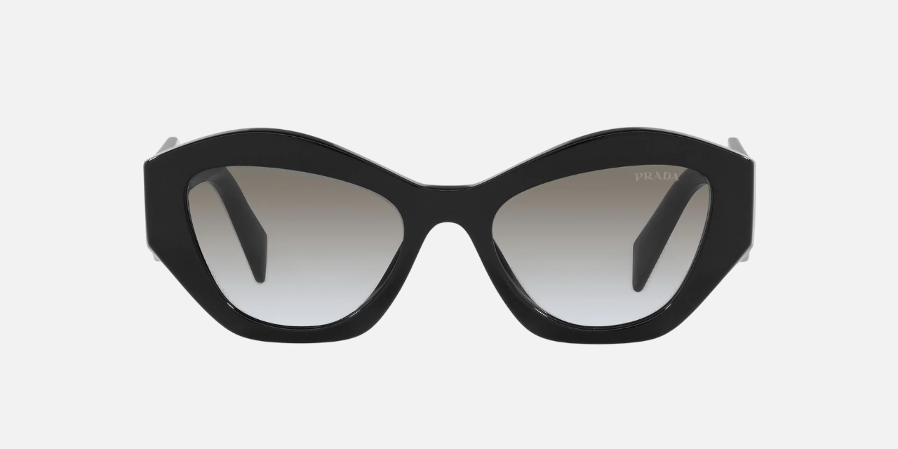 Prada PR 07YS 1AB0A7 cat eye sunglasses for women in full rim acetate, with black frame, and grey gradient lenses. 53mm in lens size, 19mm in bridge size, and 145mm in temple length.