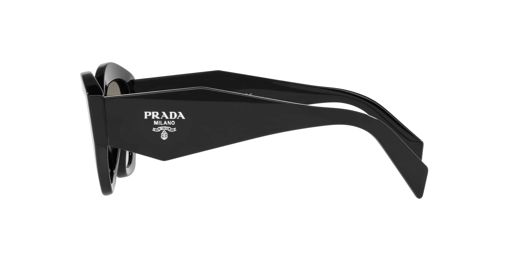 Prada PR 07YS 1AB0A7 cat eye sunglasses for women in full rim acetate, with black frame, and grey gradient lenses. 53mm in lens size, 19mm in bridge size, and 145mm in temple length.