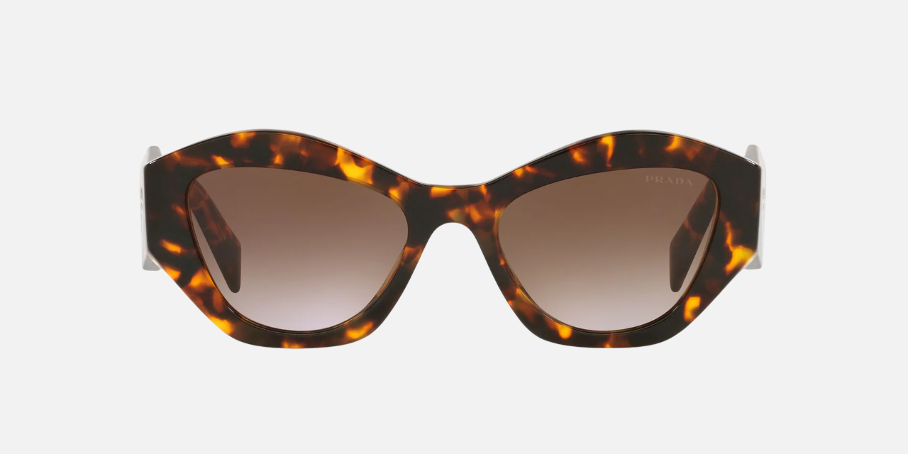 Prada PR 07YS VAU6S1 cat eye sunglasses for women in full rim acetate, with havana frame, and brown gradient lenses. 53mm in lens size, 19mm in bridge size, and 145mm in temple length.