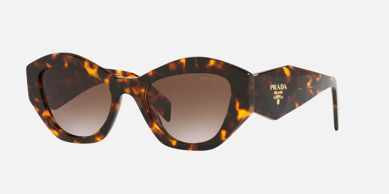 Prada PR 07YS VAU6S1 cat eye sunglasses for women in full rim acetate, with havana frame, and brown gradient lenses. 53mm in lens size, 19mm in bridge size, and 145mm in temple length.