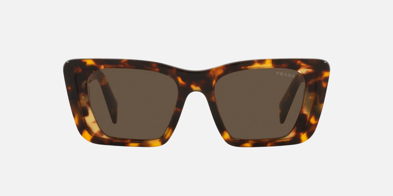 Prada PR 08YS 01V8C1 butterfly sunglasses for women in full rim acetate, with havana frame, and dark brown lenses. 51mm in lens size, 18mm in bridge size, and 145mm in temple length.