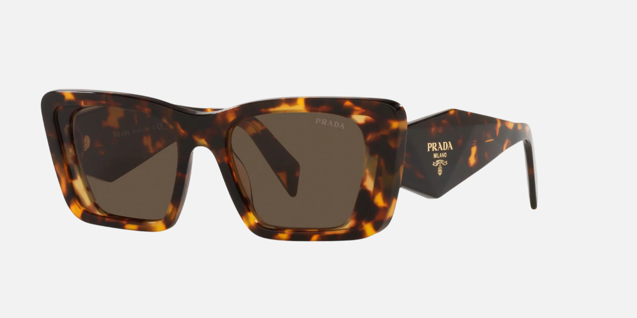 Prada PR 08YS 01V8C1 butterfly sunglasses for women in full rim acetate, with havana frame, and dark brown lenses. 51mm in lens size, 18mm in bridge size, and 145mm in temple length.