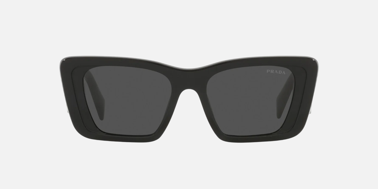 Prada PR 08YS 1AB5S0 butterfly sunglasses for women in full rim acetate, with black frame, and grey lenses. 51mm in lens size, 18mm in bridge size, and 145mm in temple length.