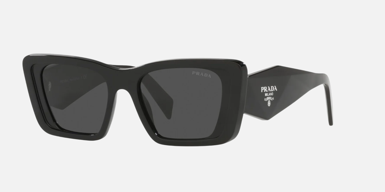 Prada PR 08YS 1AB5S0 butterfly sunglasses for women in full rim acetate, with black frame, and grey lenses. 51mm in lens size, 18mm in bridge size, and 145mm in temple length.