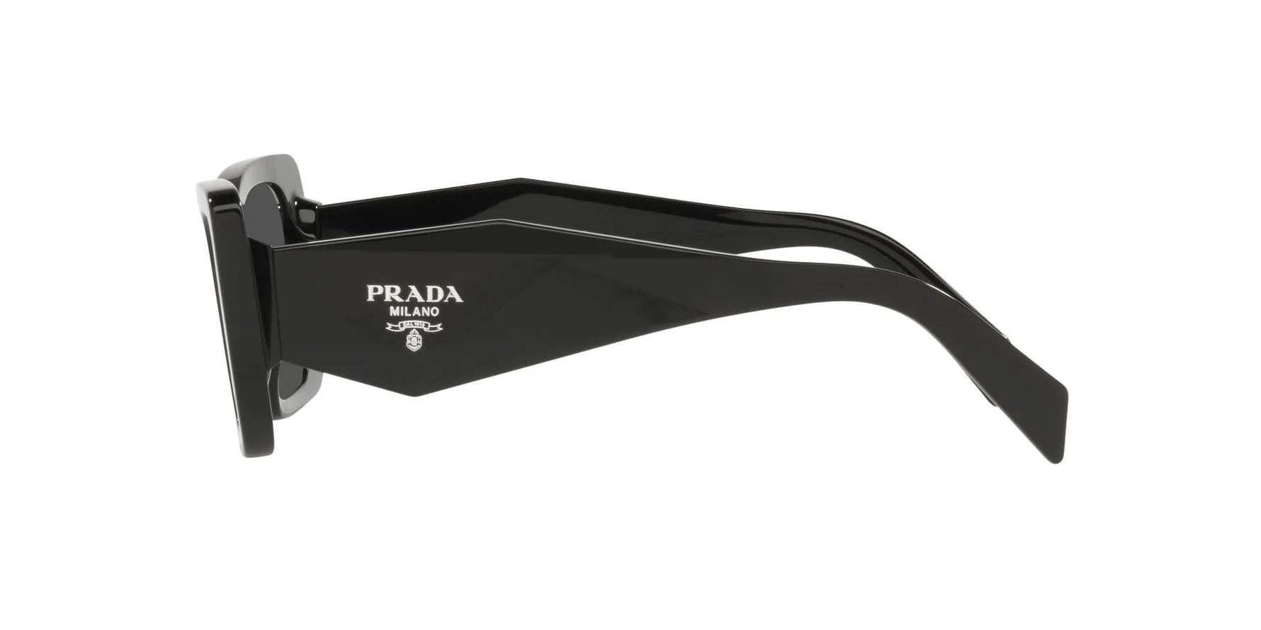 Prada PR 08YS 1AB5S0 butterfly sunglasses for women in full rim acetate, with black frame, and grey lenses. 51mm in lens size, 18mm in bridge size, and 145mm in temple length.