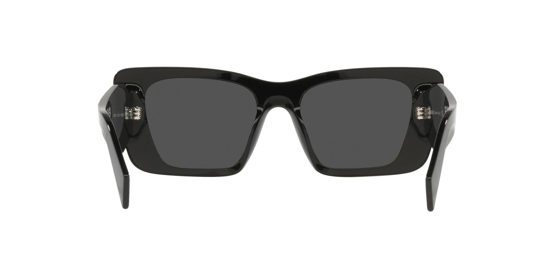 Prada PR 08YS 1AB5S0 butterfly sunglasses for women in full rim acetate, with black frame, and grey lenses. 51mm in lens size, 18mm in bridge size, and 145mm in temple length.