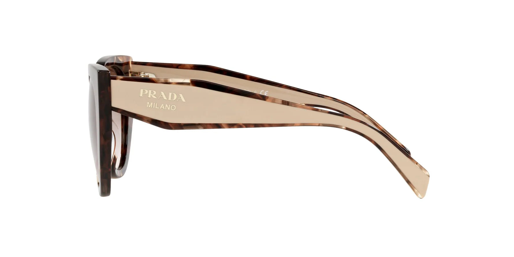 Prada PR 14WS 01R0A6 cat eye sunglasses for women in full rim acetate, with caramel tortoise frame, and brown gradient lenses. 52mm in lens size, 20mm in bridge size, and 140mm in temple length.