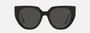 Prada PR 14WS 09Q5S0 cat eye sunglasses for women in full rim acetate, with black talc frame, and dark grey lenses. 52mm in lens size, 20mm in bridge size, and 140mm in temple length.