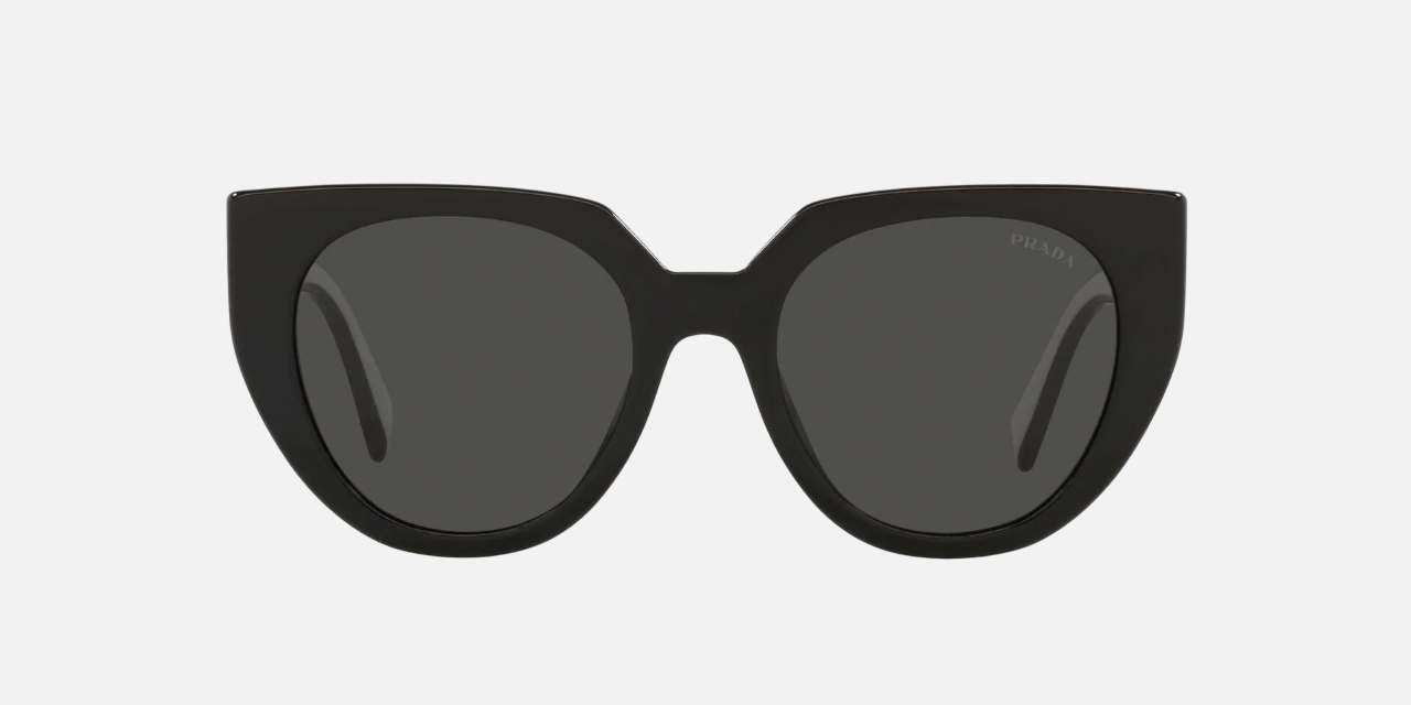 Prada PR 14WS 09Q5S0 cat eye sunglasses for women in full rim acetate, with black talc frame, and dark grey lenses. 52mm in lens size, 20mm in bridge size, and 140mm in temple length.